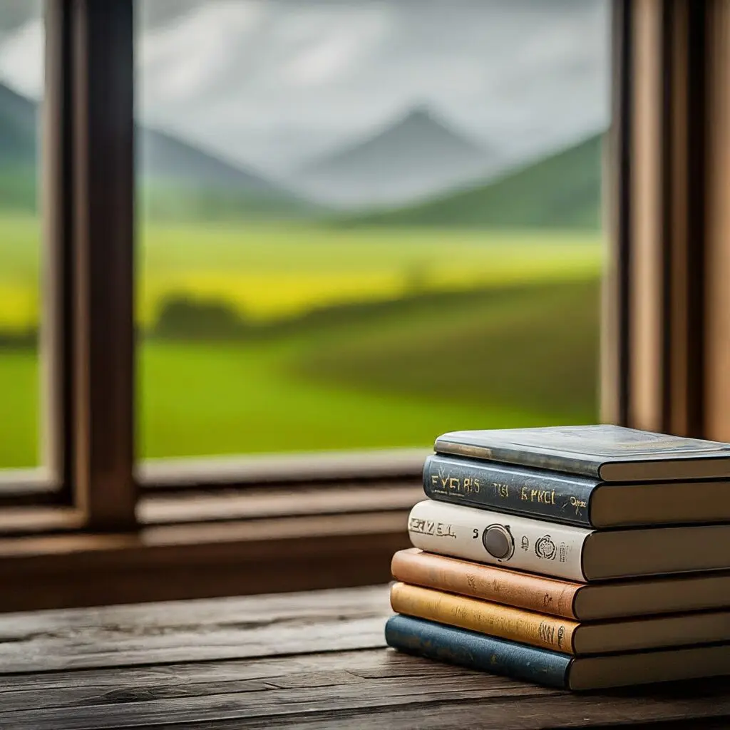 A stack of colorful meditation books with calming titles rests on a worn wooden table. Sunlight streams through a window revealing a peaceful natural landscape in the background.