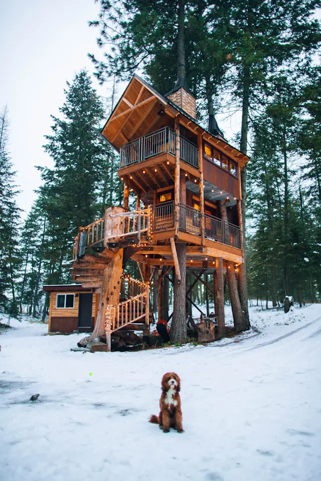 Multi-level treehouse with balconies and a spiral staircase, illuminated by string lights in a snowy forest.