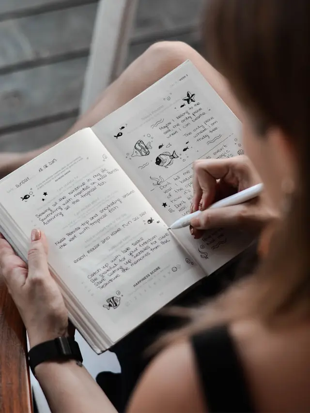 Woman writing journal entries in a notebook