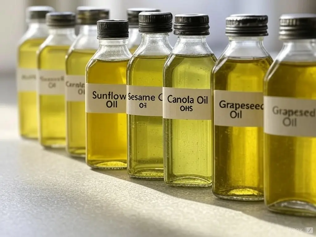 A lineup of small glass bottles containing various types of seed oils including sunflower, sesame, and canola, labeled clearly.