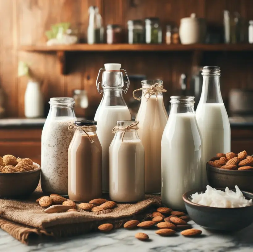 A diverse lineup of different plant-based milks (almond, soy, oat, coconut) in glass bottles on a rustic kitchen counter.