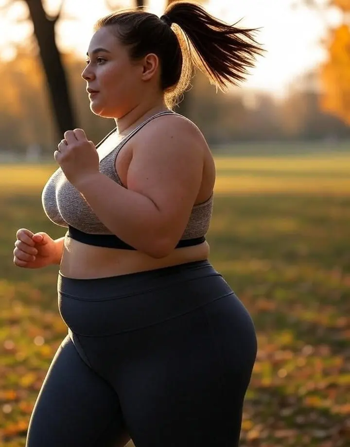 Overweight woman jogging in a park at sunset