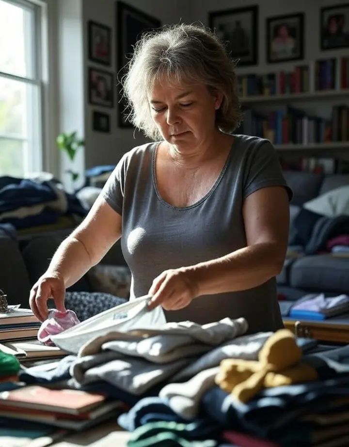 A woman with gray hair, wearing a gray t-shirt, is decluttering her home. She is sorting through a pile of clothes on a table in a cozy living room with bookshelves, a couch, and framed pictures in the background.