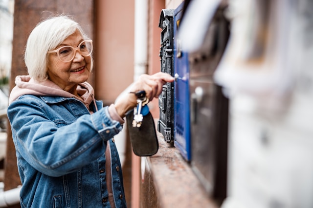 A joyful senior woman retrieving mail from a row of mailboxes, reflecting the convenience and continuity of receiving mail for RVers on their travels.