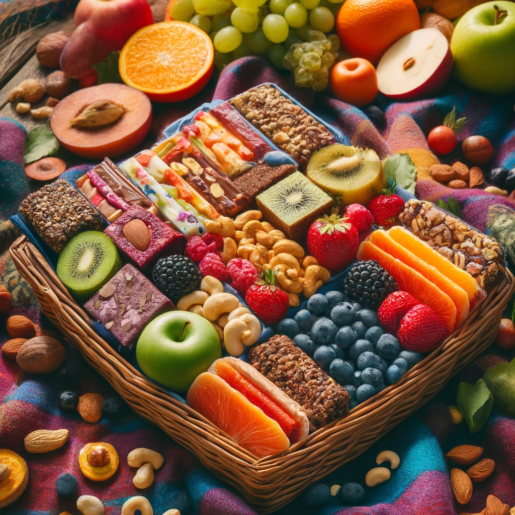 Assorted vegan fruit and nut bars on a colorful picnic blanket, ideal for healthy snacking on the go.