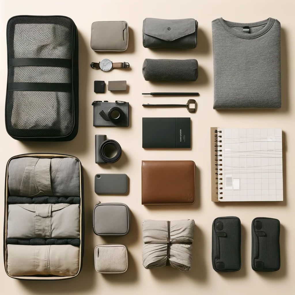 Neatly organized travel gear with packing cubes, slim travel wallet, and space-saving accessories, demonstrating efficient packing for minimalist travel.