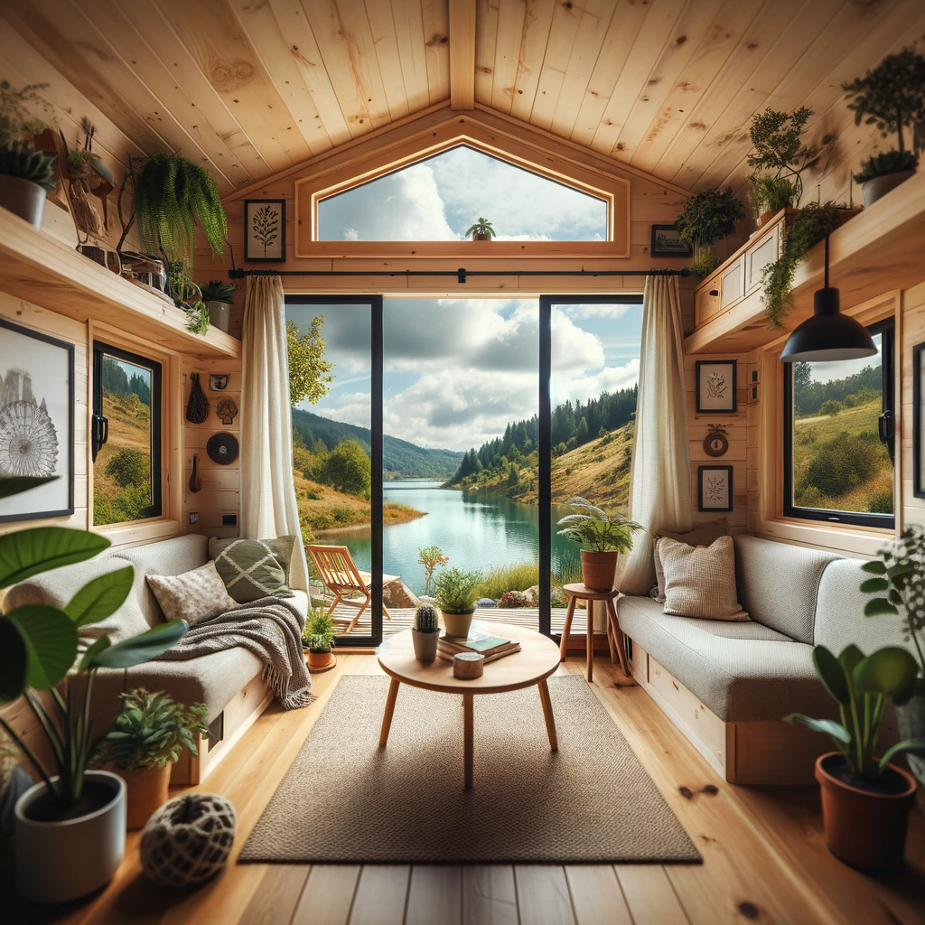 View from inside a tiny house on wheels made from a kit, showing a cozy interior and a scenic landscape through large windows