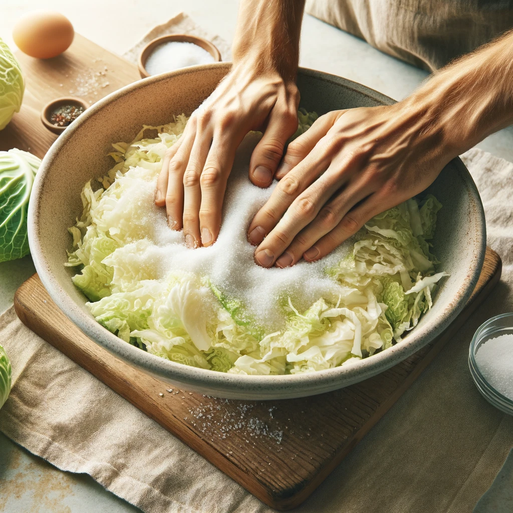 Hands massaging salt into thinly chopped cabbage in a bright kitchen, starting the sauerkraut preparation.