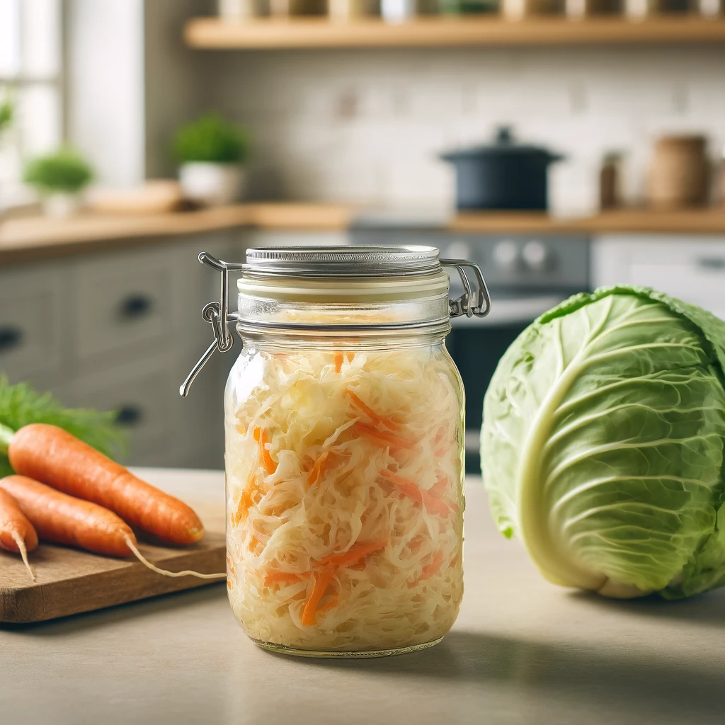 A finished jar of sauerkraut alongside fresh ingredients on a modern kitchen counter.