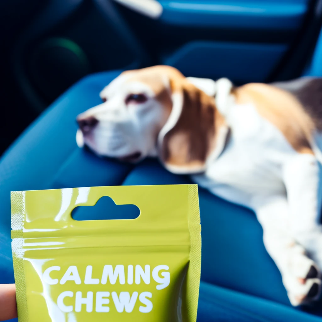 Calm dog resting in car with a packet of calming chews in the foreground.