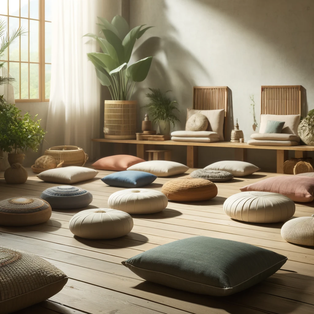 Serene meditation space with a variety of cushions in a naturally lit, minimalist room.