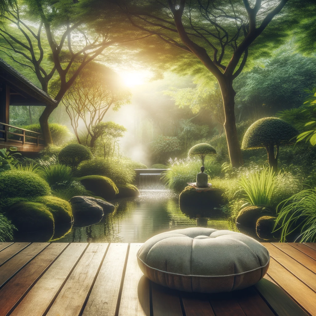 Tranquil outdoor meditation space on a wooden deck with lush greenery and a meditation cushion.