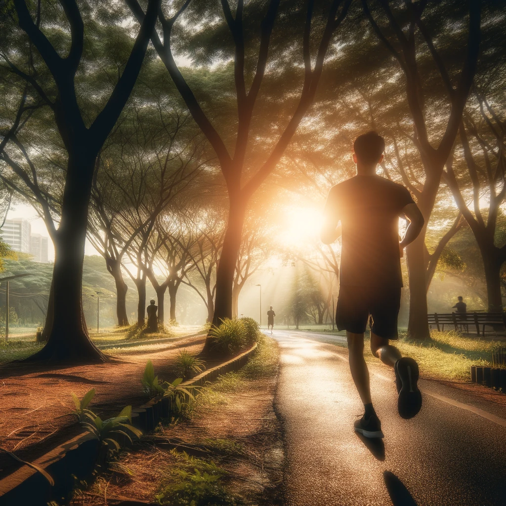 Person jogging on a park trail in the early morning sunlight getting the benefits of fresh air.