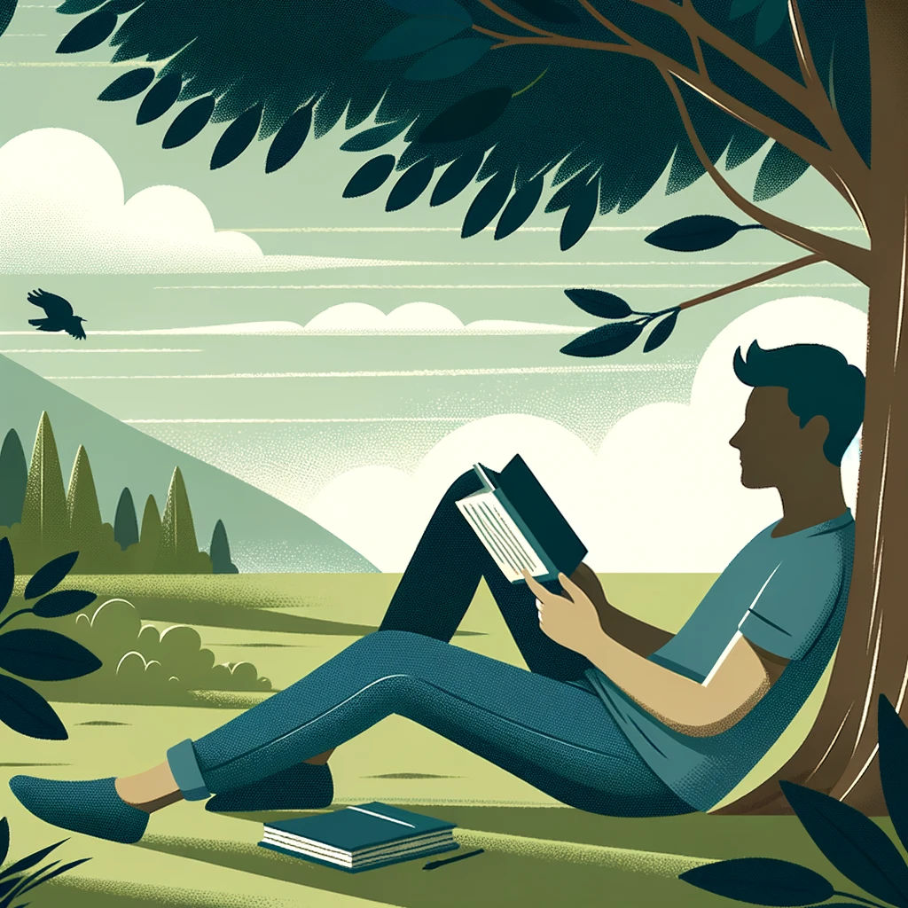 Relaxed person sitting under a tree reading a book with a gentle breeze and fresh air.