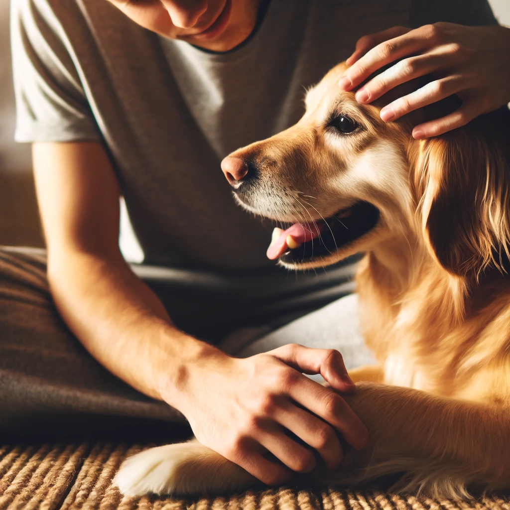 A close-up of a person petting a dog, capturing the emotional advantage of owning a pet.