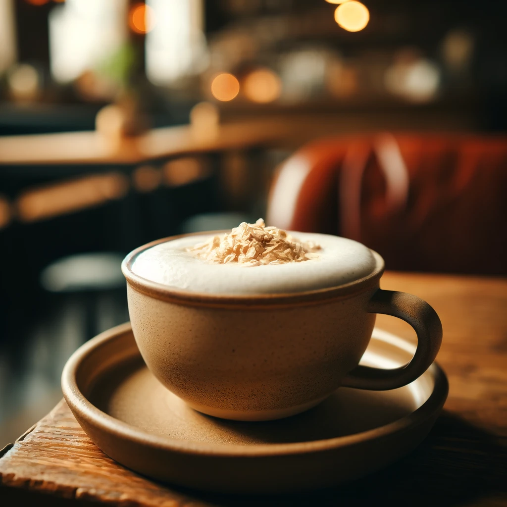 Close-up of a frothy oat milk latte in a cozy café setting with a blurred background.