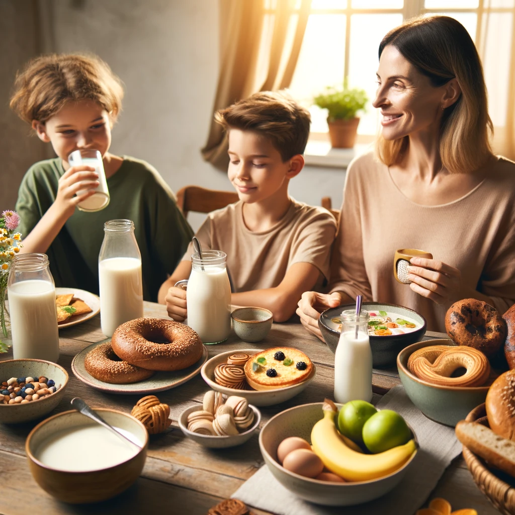 A family enjoying breakfast together, with various plant-based milks on the table and a variety of healthy breakfast foods.