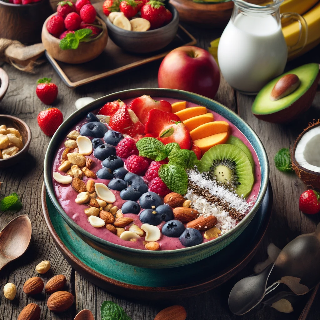 A vibrant smoothie bowl topped with fresh fruits and nuts on a rustic wooden table, with a jug of coconut milk nearby.