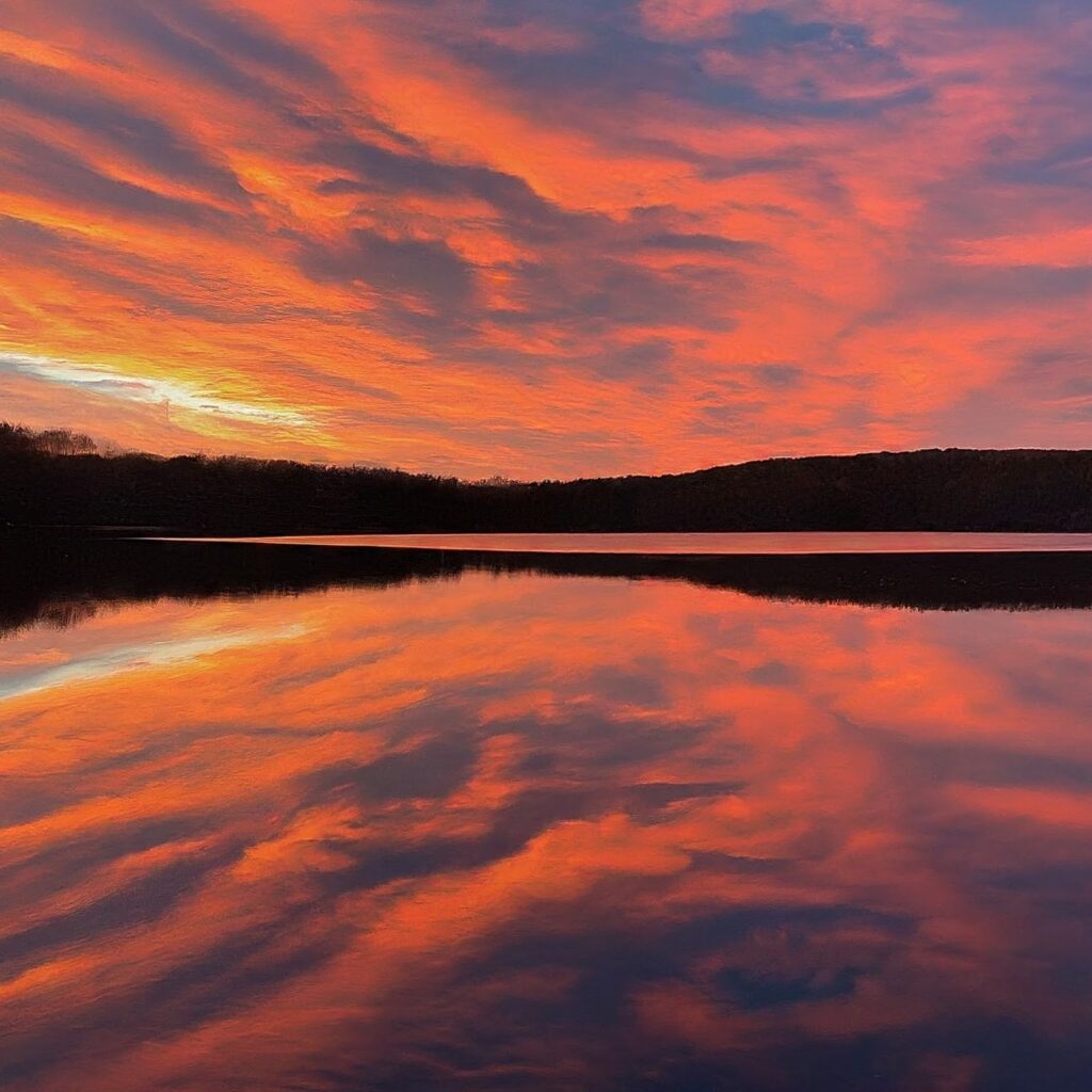 A mesmerizing sunset bathes a tranquil lake in a warm glow of orange and pink hues. The sky is ablaze with color, reflecting on the still water's surface.