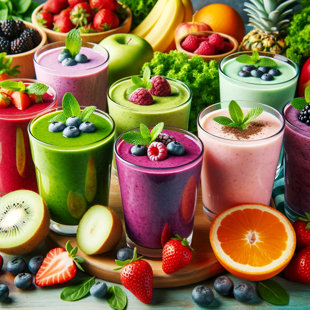 Colorful array of smoothie glasses with green, berry, and tropical smoothies.