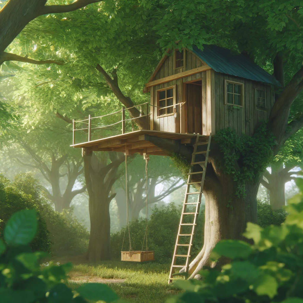 A basic treehouse with a platform and ladder, set among leafy green trees, perfect for kids to play in.