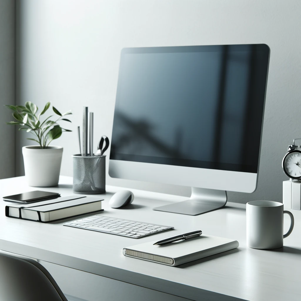 A clean, minimalist desk with only essential items like a computer, notebook, and pen, in a modern office setting.