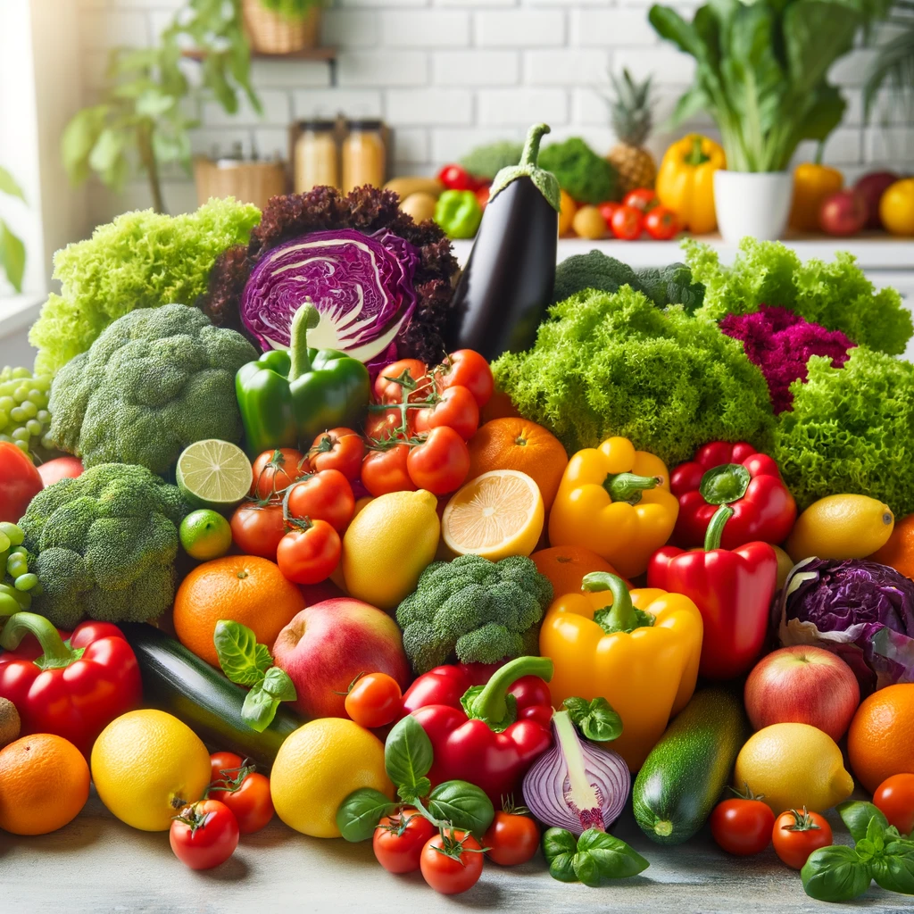 A beautiful assortment of fresh fruits and vegetables displayed on a clean, modern kitchen countertop, symbolizing how to heal your gut naturally with nutritious foods.