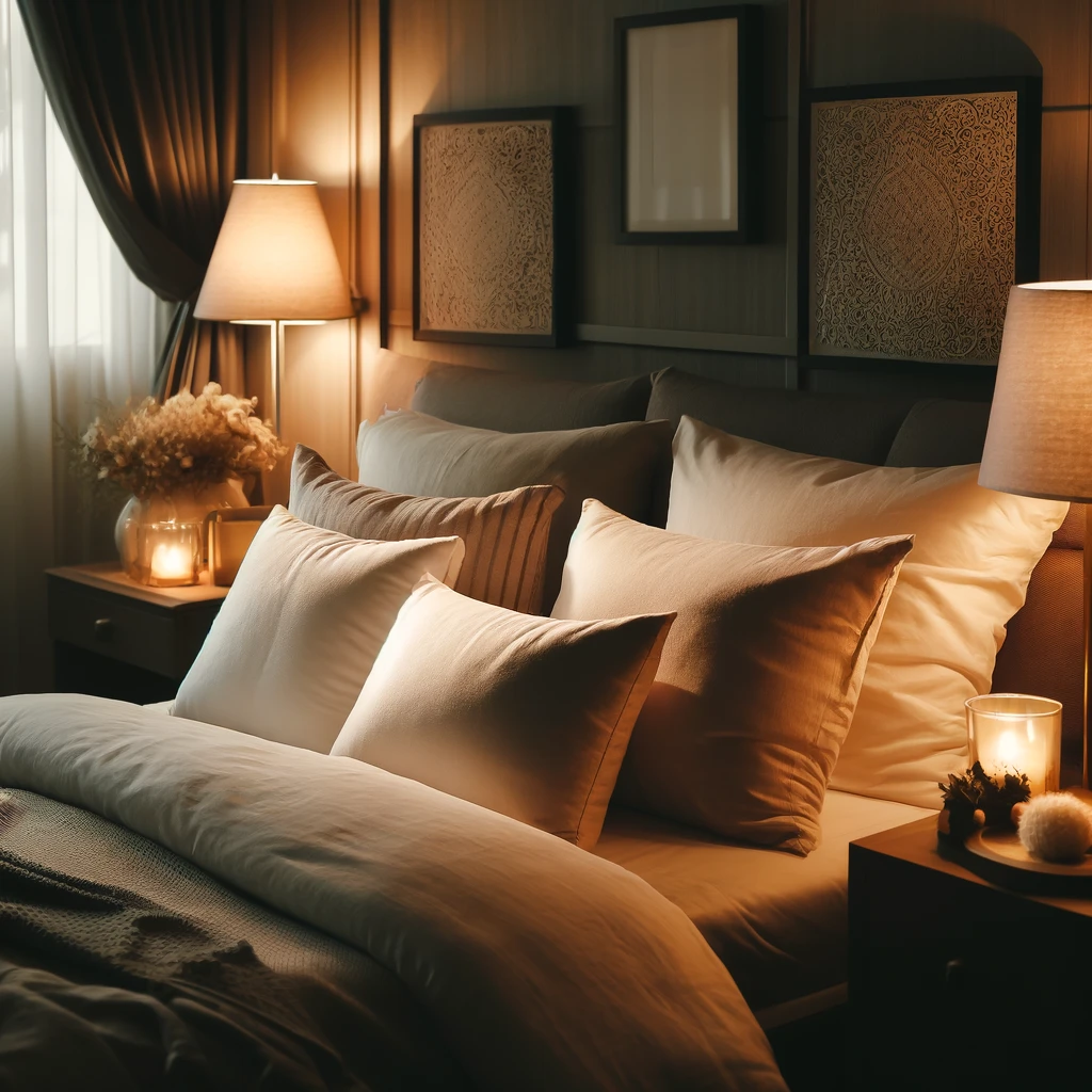 A cozy bedroom with dimmed lights, soft pillows, and a serene atmosphere.