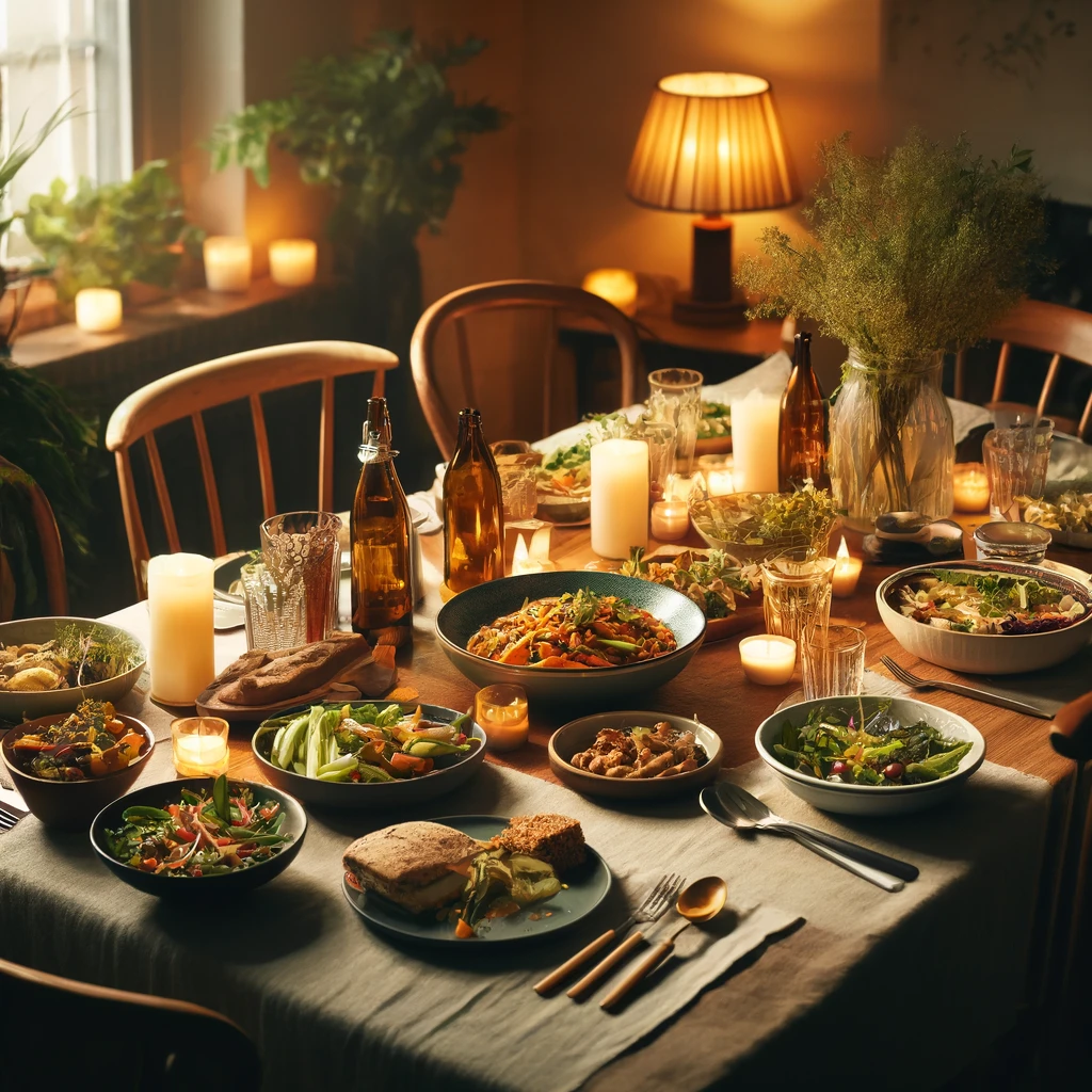 A cozy dinner setting with a plant-based menu, set for a social meal with dishes like vegetable stir-fry and salads, in a warmly lit environment.