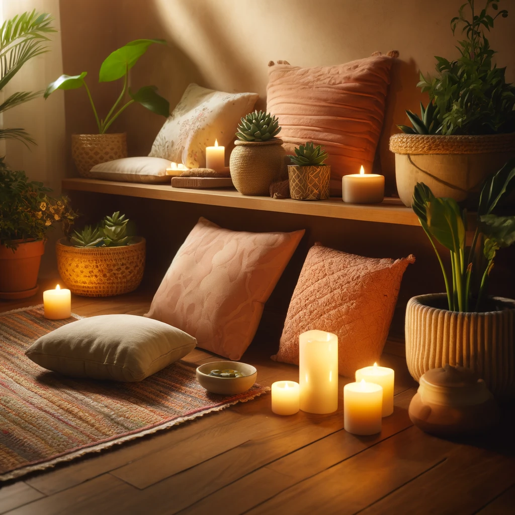 A cozy meditation corner with cushions, candles, and plants, creating an inviting space for daily practice.