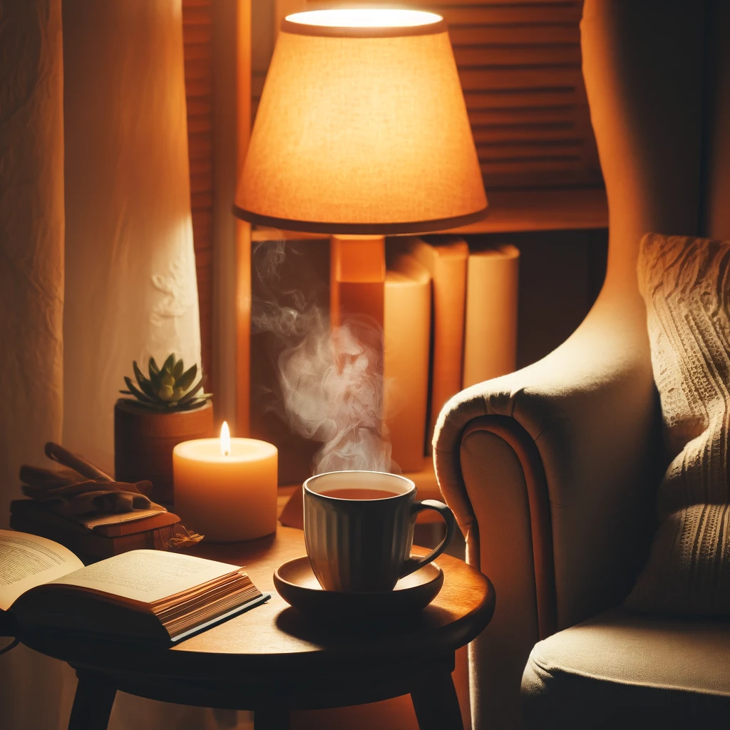 A cozy reading corner with a steaming mug and soft lighting, featuring a comfortable armchair and a side table with a book and hot tea, ideal for relaxation and reflection