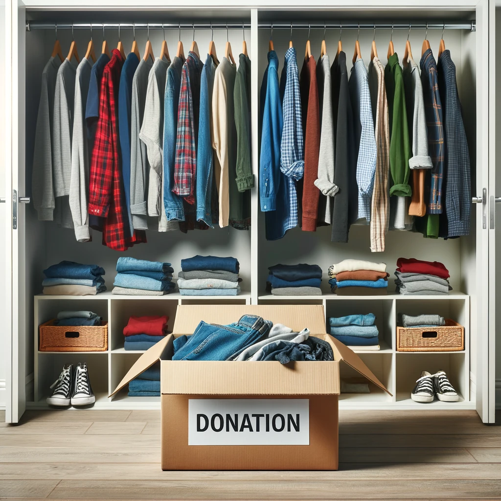 A decluttered closet with neatly organized clothes and a donation box on the floor, creating a spacious and tidy appearance.