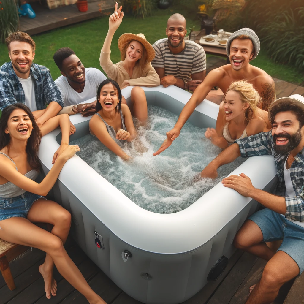 Diverse group of friends and family enjoying a fun moment in an inflatable hot tub outdoors.