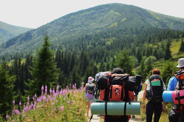 Diverse group of beginner hikers in layered clothing, prepared for changing weather in a mountainous landscape because they have all of their hiking essentials.