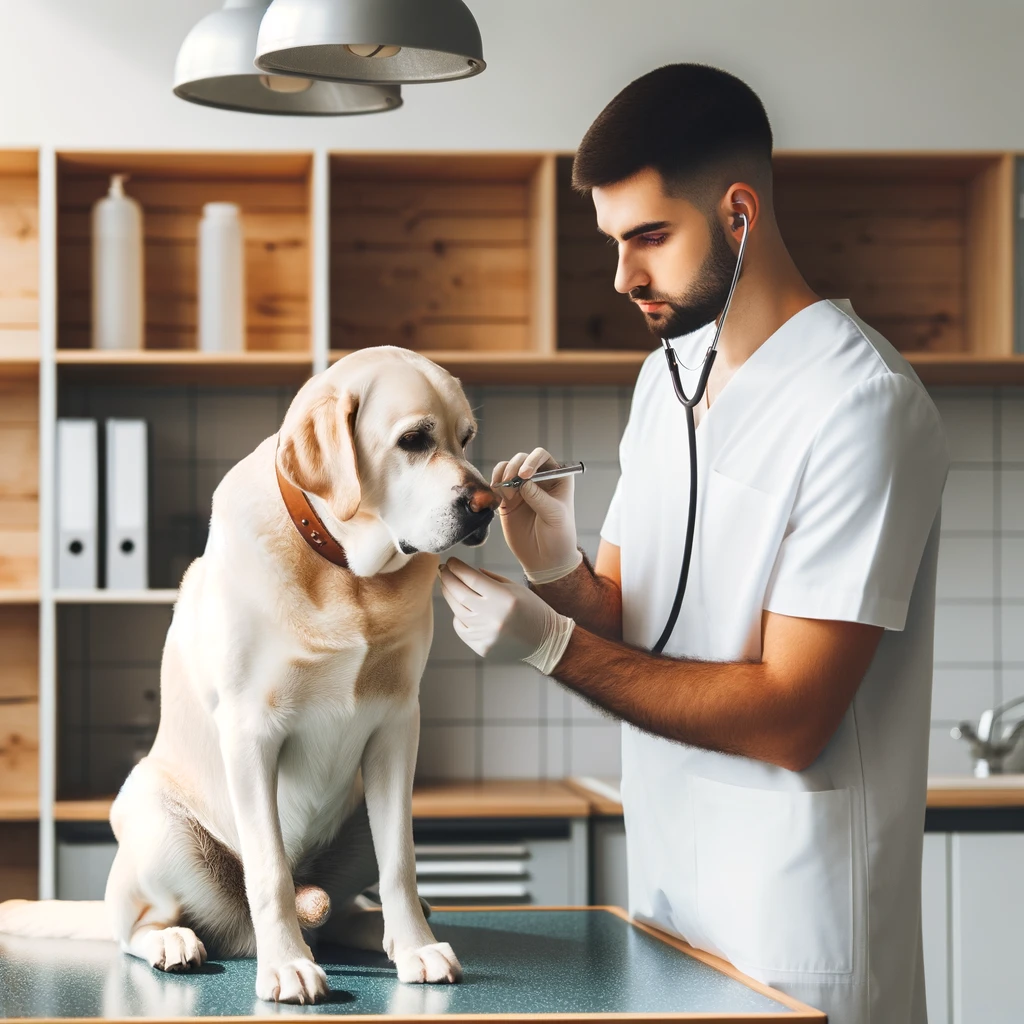 A dog at a vet clinic, receiving routine care.