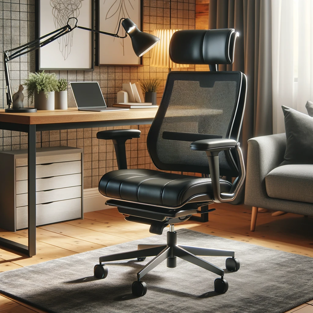 A stylish ergonomic office chair with adjustable features in a modern home office setting.