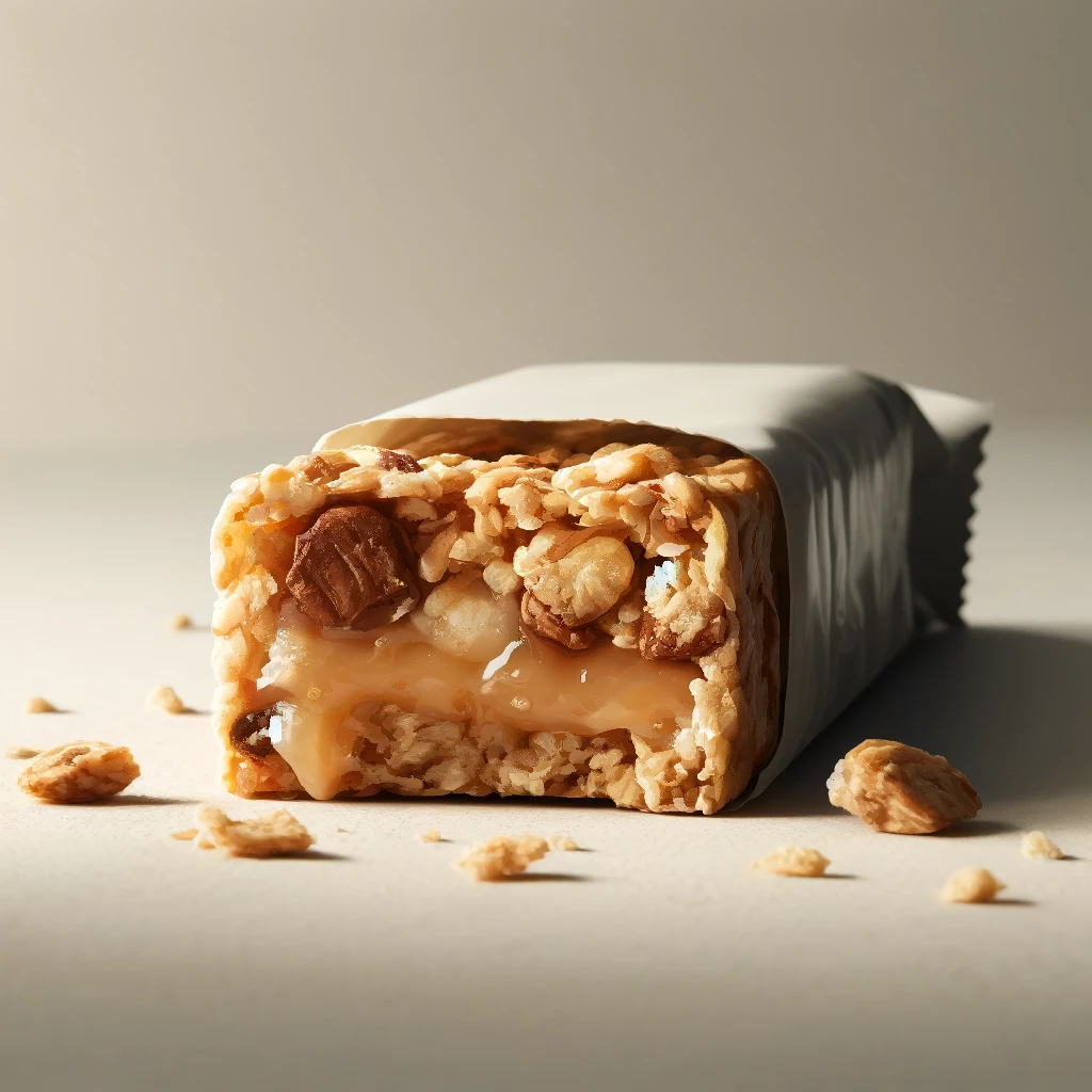 A granola bar half unwrapped, showing the texture and ingredients inside on a neutral background.