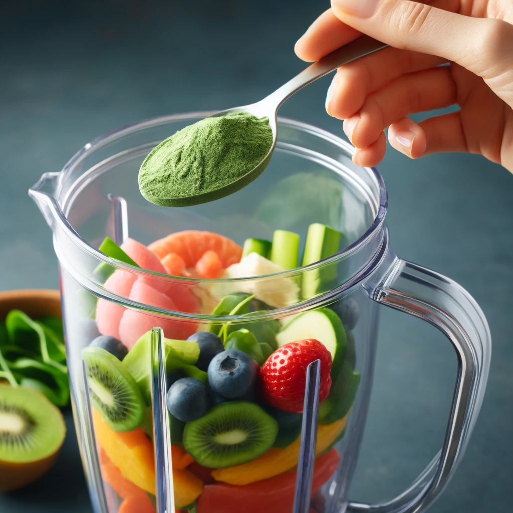 Spoonful of green powder added to a blender with fruits and vegetables.