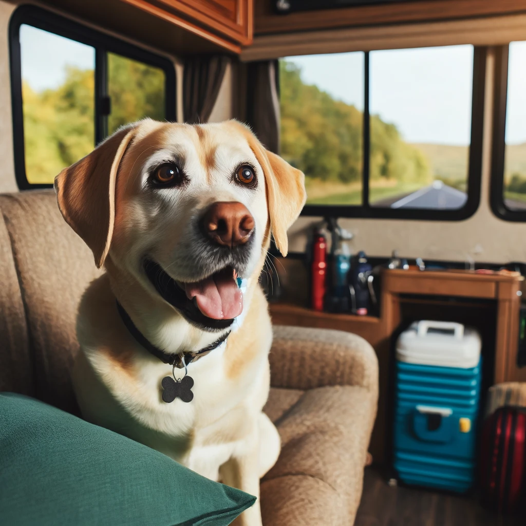 A happy pet sitting in an RV, looking out the window.