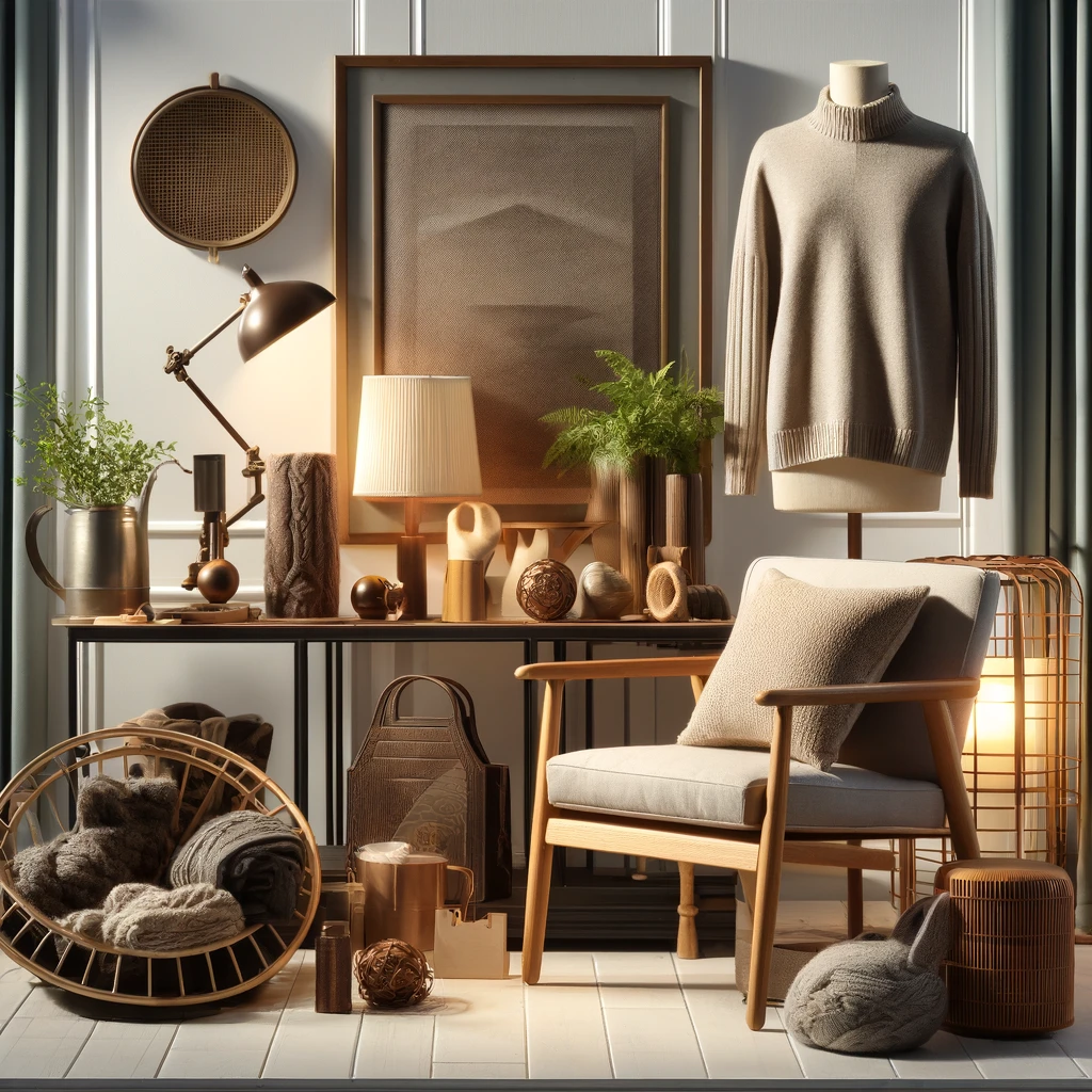 Elegantly displayed high-quality durable goods including a wooden chair and a woolen sweater in a modern home.