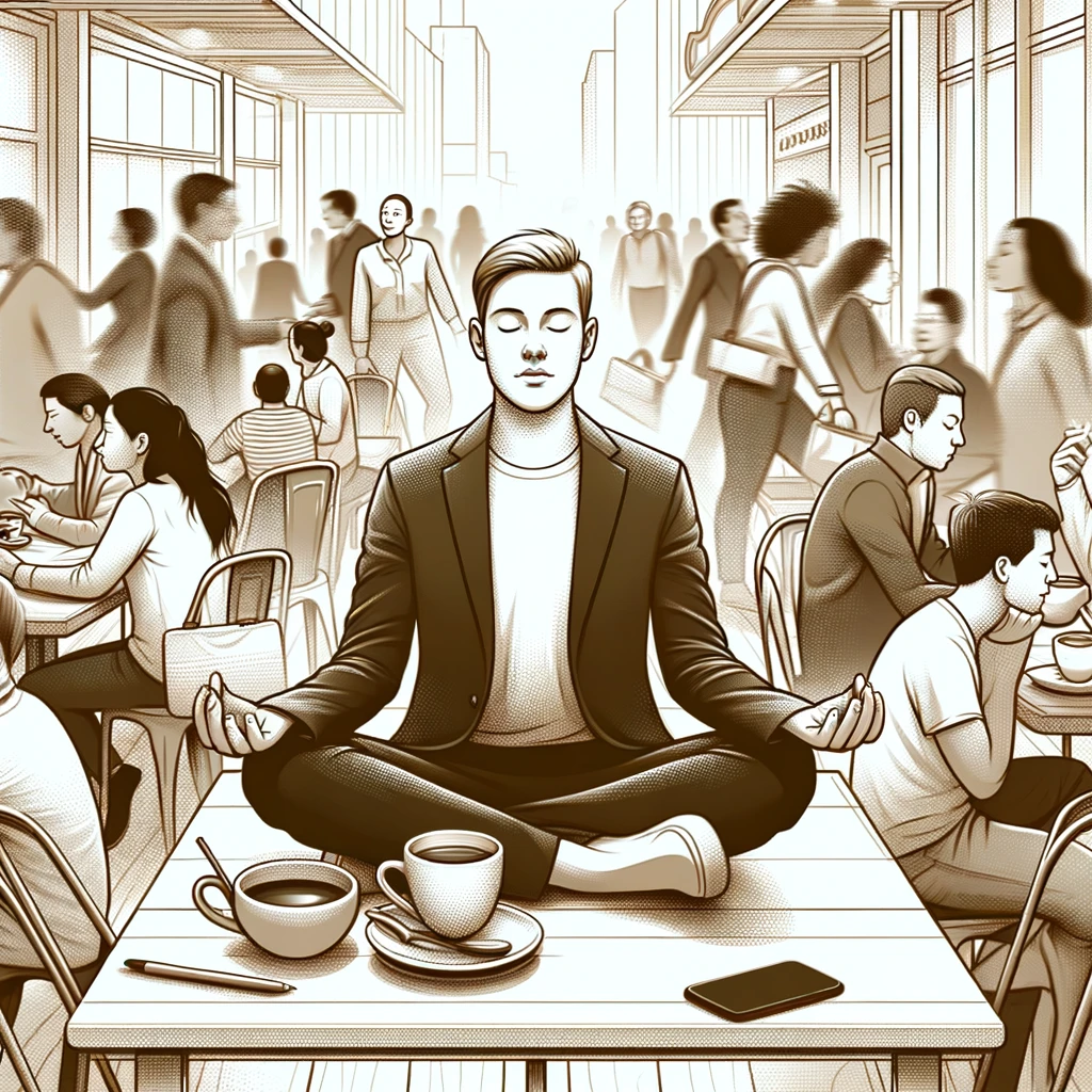 Individual meditating calmly in a busy café