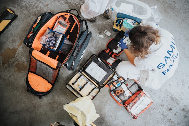 Flat lay of first aid kit for survival supplies