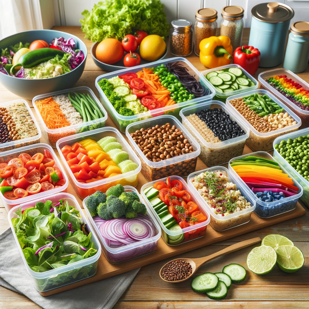 A well-organized meal prep scene with containers filled with colorful plant-based foods, highlighting the convenience and diversity of a plant-based diet.