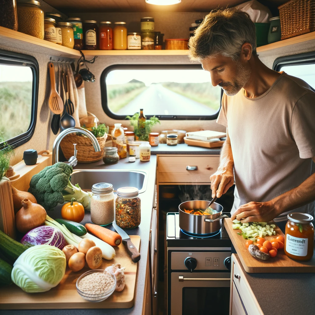 A middle-aged man preparing gut-friendly meals in a cozy camper van kitchen. He is chopping vegetables and stirring a pot on a small stove, surrounded by shelves stocked with whole grains, fermented foods, and colorful vegetables.