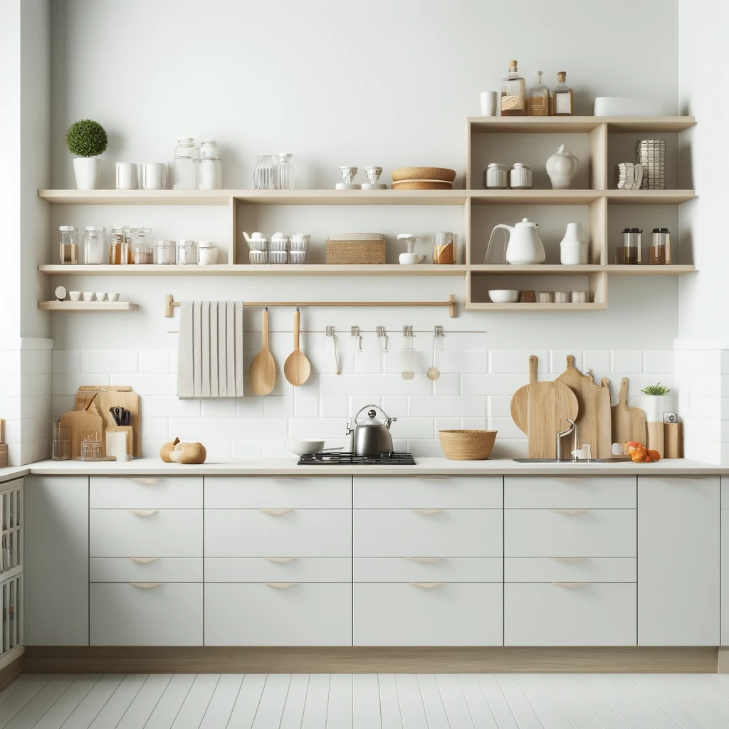 A minimalist kitchen with clean countertops and organized shelves, showcasing a modern and tidy look.