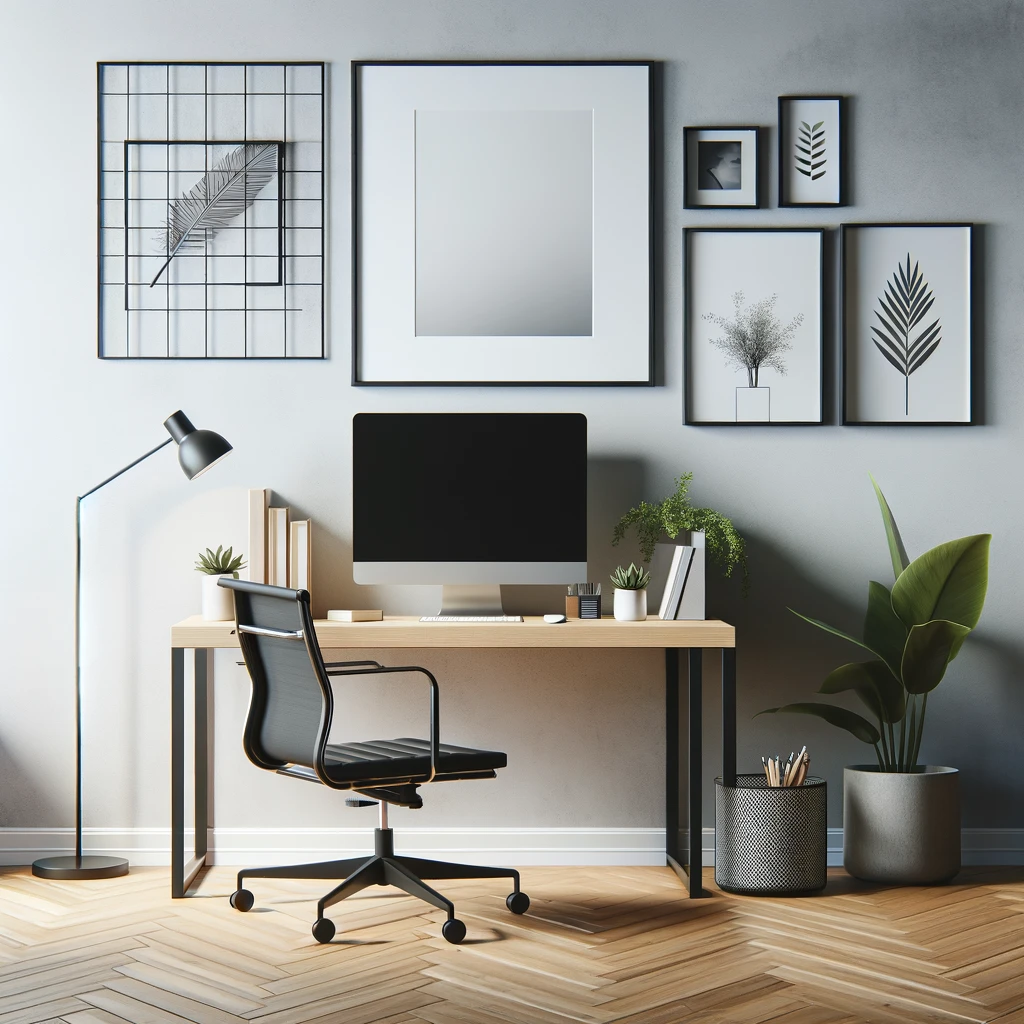 A minimalist workspace with a few personal touches like a plant or a framed photo, in a modern office setting.