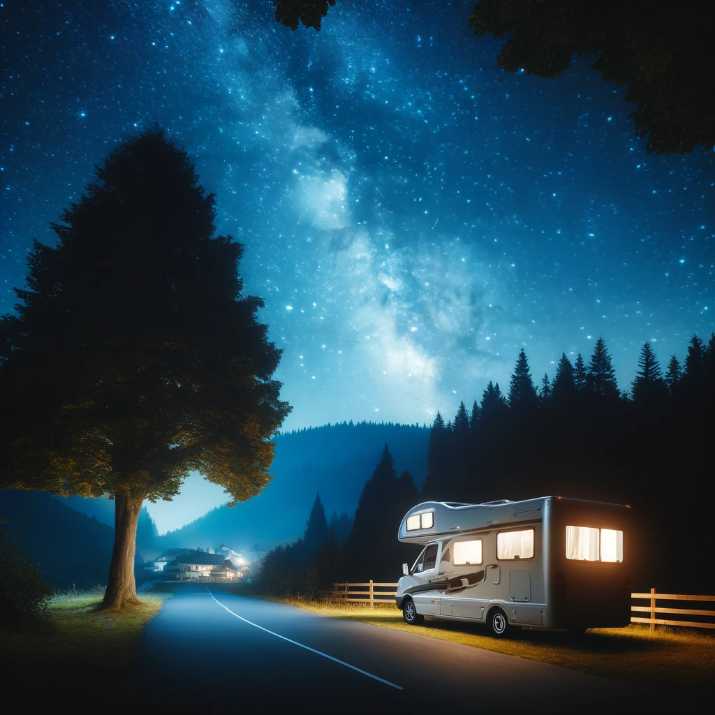 RV parked under a starry sky at night, highlighting tranquility and freedom of RV travel