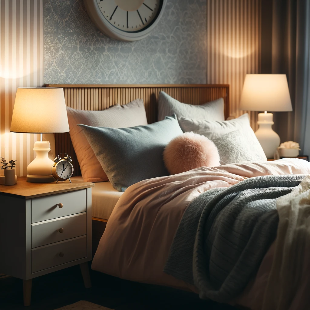 A peaceful bedroom setting with a neatly made bed, soft lighting, and a clock on the nightstand.