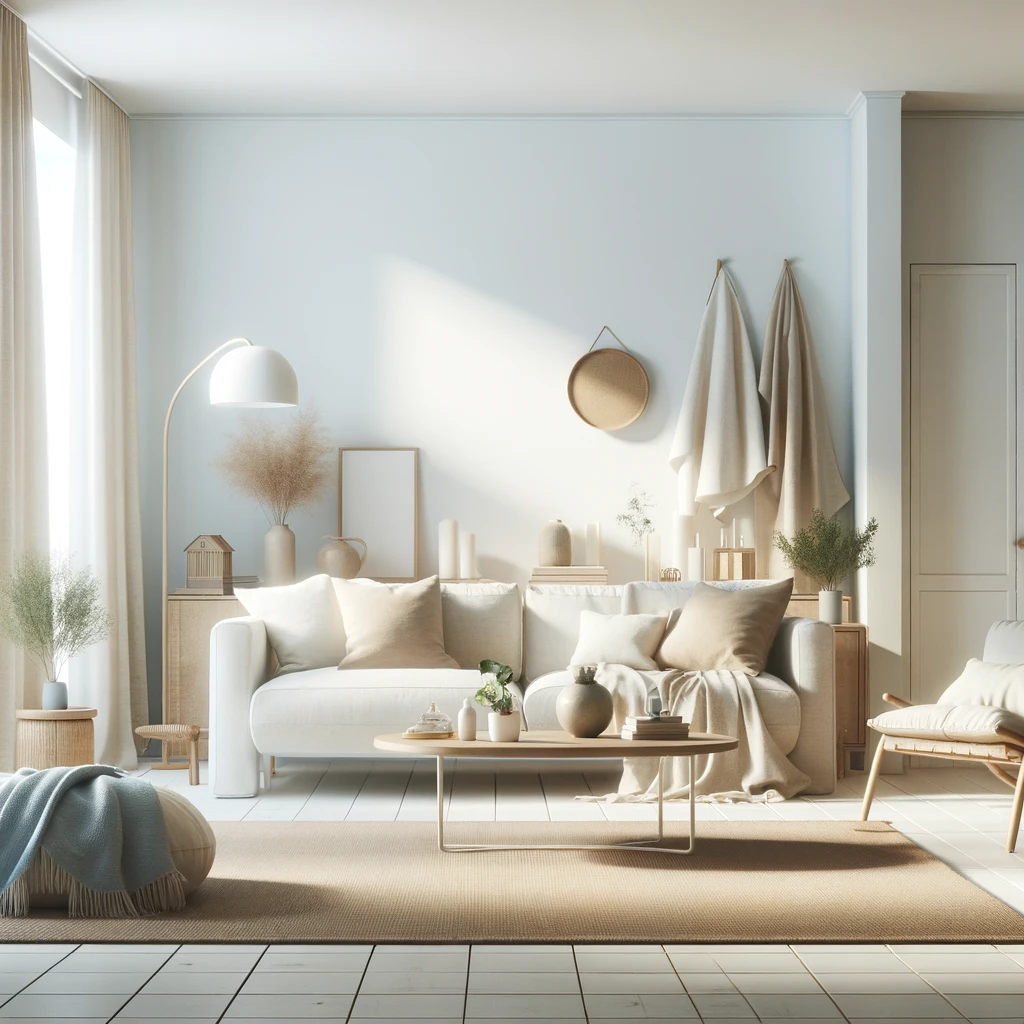 A peaceful, decluttered living room with comfortable seating and minimal decor, creating a calm and inviting atmosphere.