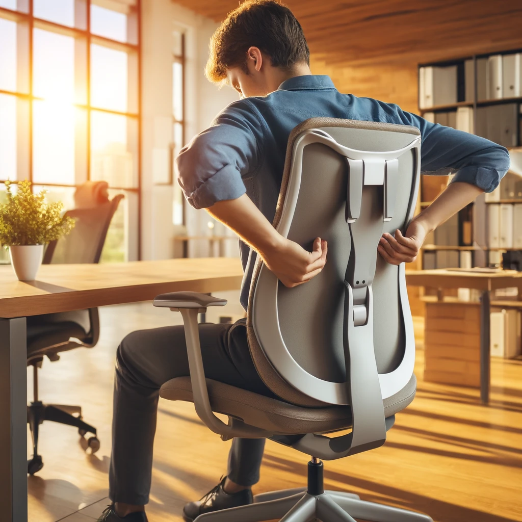 A person adjusting the lumbar support on an ergonomic office chair in a brightly lit office. The office is modern with large windows and natural light